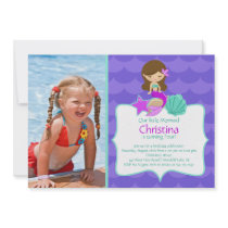 Cute Brunette Mermaid Photo Birthday Invitation