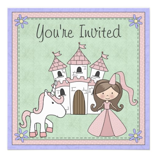 Cute Brunette Princess and Unicorn Birthday Invite