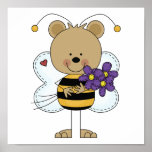 cute bumble bee bear with purple flowers posters