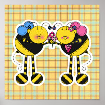 Cute Bumble Bee Couple With Flowers Print