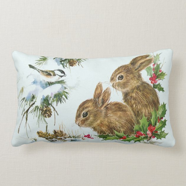 Cute Bunnies with Christmas Holly Berries Pillow