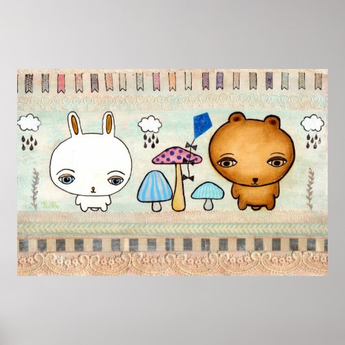 Cute Bunny & Bear Mixed Media Painting Poster