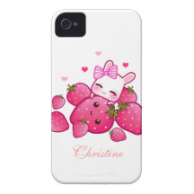 Cute bunny loves kawaii strawberry - Personalized iPhone 4 Case