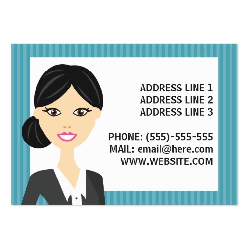 Cute Business Woman Illustration With Black Hair Business Card Templates (back side)