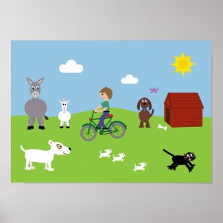 Cute Cartoon Animals & Boy Riding Bike Poster