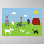 Cute Cartoon Animals & Boy Riding Bike Poster