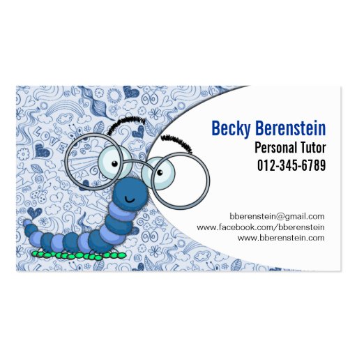 Cute Cartoon Bookworm Tutor Blue Business Card
