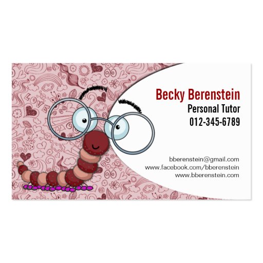 Cute Cartoon Bookworm Tutor Red Business Card