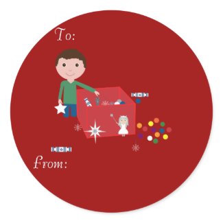Cute Cartoon Boy & Christmas Box Red Gift Labels sticker