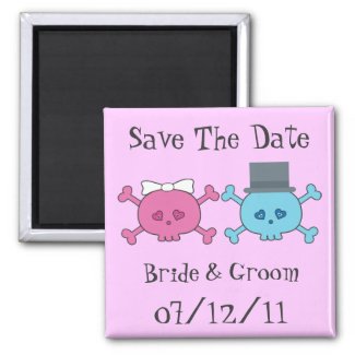 Cute Cartoon Bride & Groom Skulls Save The Date zazzle_magnet