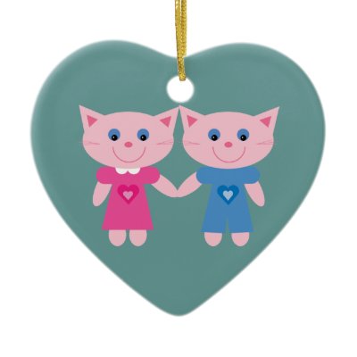 Pretty blue / green heart ornament with cute smiling cartoon cats holding 