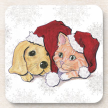 Cute Cartoon Christmas Puppy Kitten Santa Hats Beverage Coaster