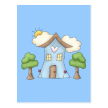 Cute Cartoon Country House Tree Scene Post Cards