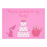 Cute Cartoon Dog, Cat & Birthday Cake Pink Party Custom Invitation