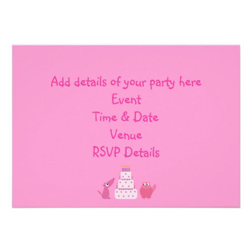 Cute Cartoon Dog, Cat & Cake Custom Pink Party Custom Invites