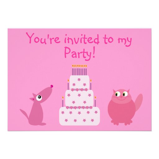 Cute Cartoon Dog, Cat & Cake Custom Pink Party Custom Invites