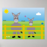 Cute Cartoon Donkeys In A Field Poster