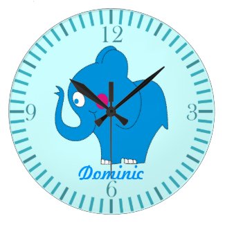 Cute Cartoon Elephant Kids Name Blue Wall Clocks