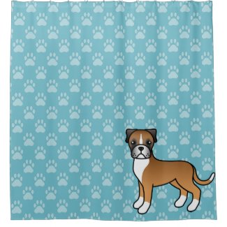 Cute Cartoon Fawn Boxer Dog On Blue Shower Curtain