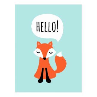 Cute cartoon fox on blue background saying hello postcard
