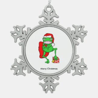 Cute Cartoon Frog Dressed As Santa Snowflake Pewter Christmas Ornament