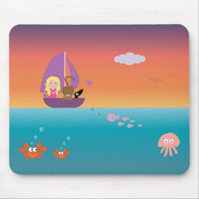 cute cartoon girl characters. Pretty mousepad / mousemat with a cute colourful cartoon illustration of a girl and her dog and cat in a lilac boat and some funny marine life characters