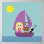 Cute Cartoon Girl & Pets In Boat Customizable Posters