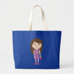 Cute cartoon girl with doll blue tote bag