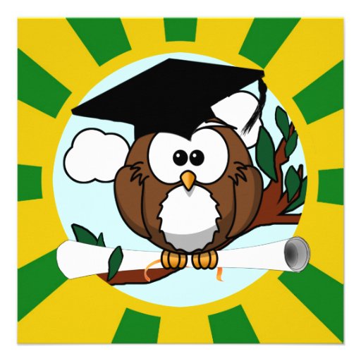 Cute Cartoon Graduation Owl With Cap & Diploma Announcement (front side)