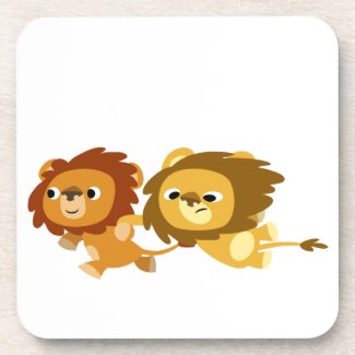Cute Cartoon Lions in a Hurry Coasters Set
