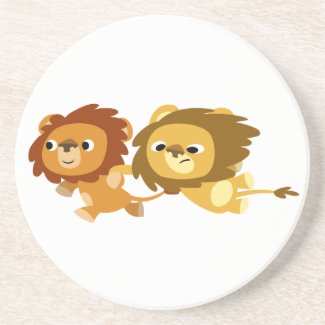 Cute Cartoon Lions in a Hurry Kitchen Coaster