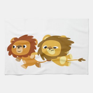 Cute Cartoon Lions in a Hurry Kitchen Towel