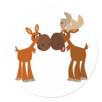 Cute Cartoon Moose Couple in Love Round Sticker