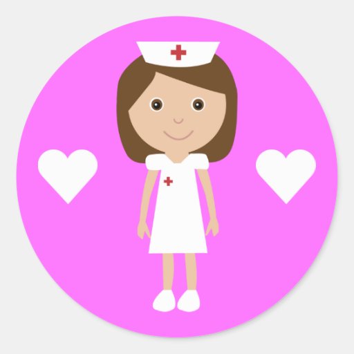 Cute Cartoon Nurse & Hearts Customizable Pink Round Stickers