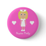 Cute Cartoon Nurse & Hearts Personalized Pink buttons