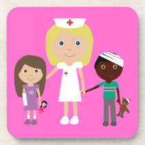 Cute Cartoon Nurse & Kids Customizable Pink Coaster