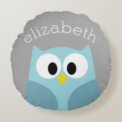 Cute Cartoon Owl - Blue and Gray Custom Name Round Pillow