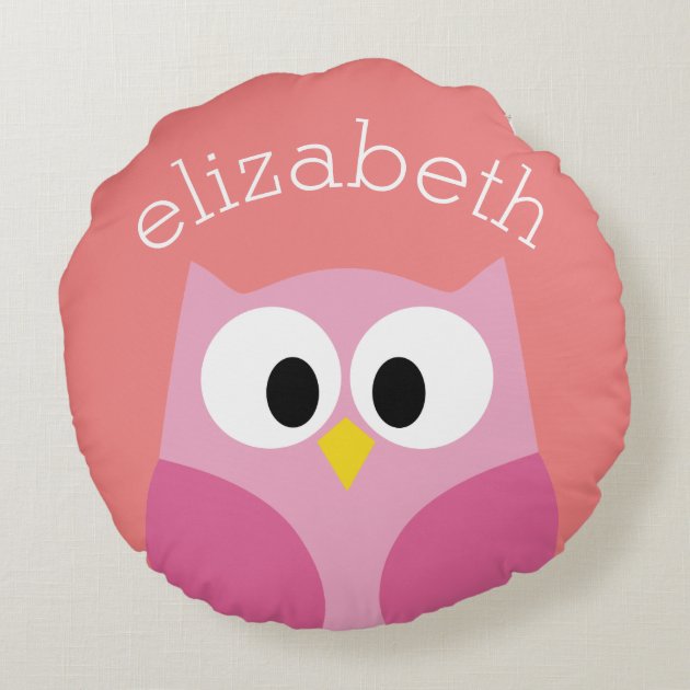 Cute Cartoon Owl in Pink and Coral Round Pillow