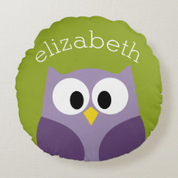 Cute Cartoon Owl Purple and Pistachio Custom Name Round Pillow