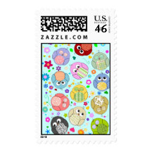 Cute Cartoon Owls and Flowers Design Stamp