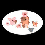 Cute Cartoon Pig Family  Oval Sticker