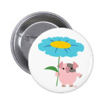 Cute Cartoon Pig With Gift (Blue) Button Badge