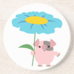 Cute Cartoon Pig With Gift (Blue) Coaster