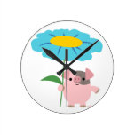 Cute Cartoon Pig With Gift (Blue) Wall Clock