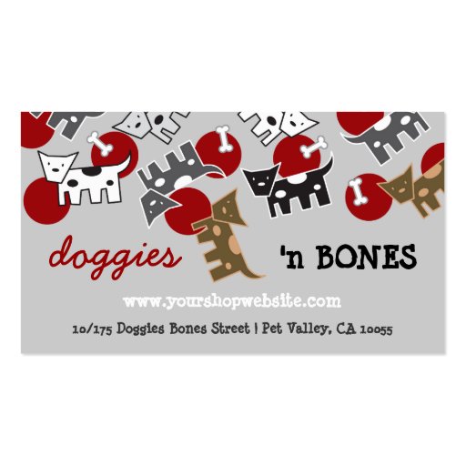 Cute Cartoon Spotted Doggies & Bones Pet Shop Business Cards (front side)
