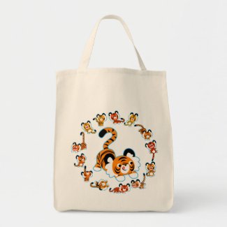 Cute Cartoon Tigers Mandala (Blue) Grocery Bag bag