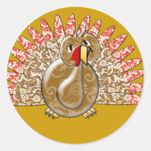 Cute Cartoon Turkey Damask Pattern Round Sticker