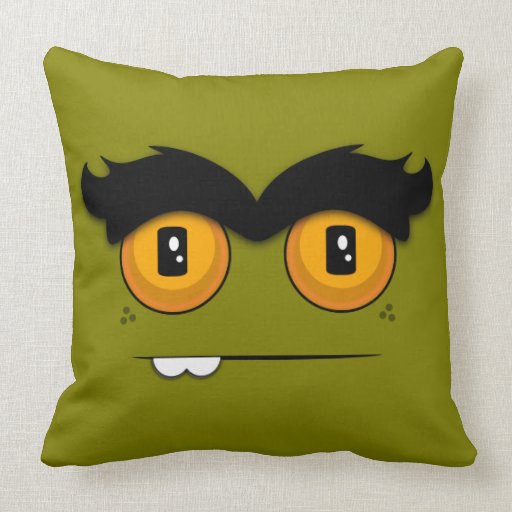 Cute Cartoon Unibrow Monster Face in Olive Green Pillow