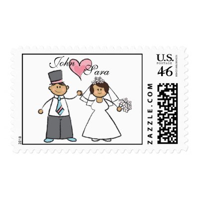 Cute Cartoon Wedding Couple Bride Groom Love Heart Postage Stamp