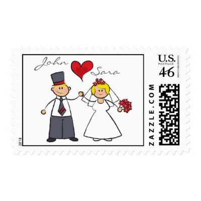 Cute Cartoon Wedding Couple Bride Groom Love Heart Postage Stamps